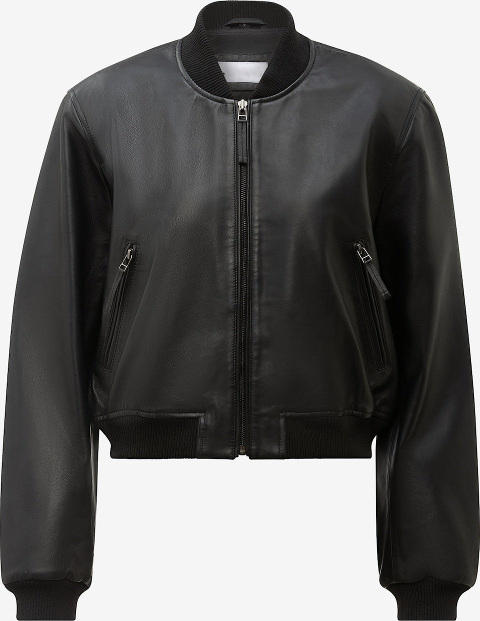 Women's Leather Bomber Jacket – Black Cropped Zip Front