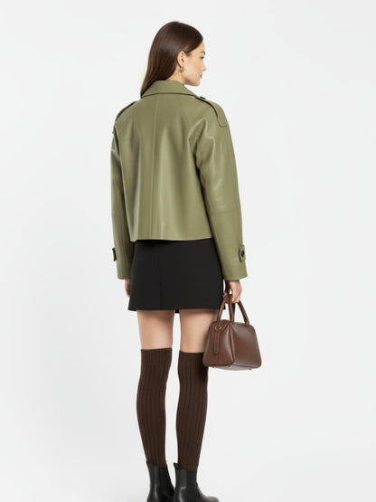 Women's Leather Cropped Peacoat – Black, Beige or Olive Double-Breasted