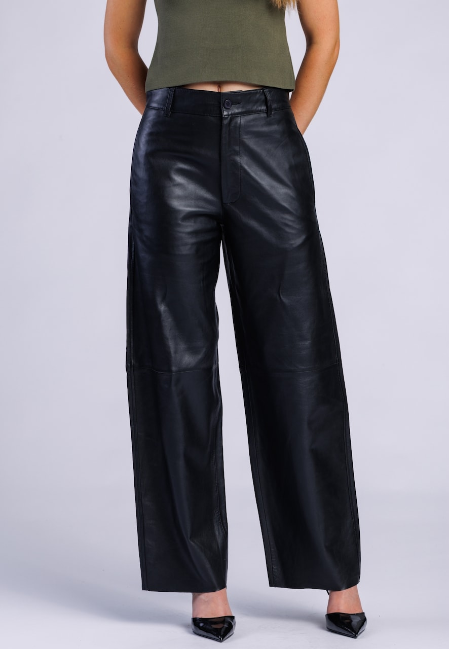 Women's Black Leather Wide-Leg Pants – Side-Pocket Style
