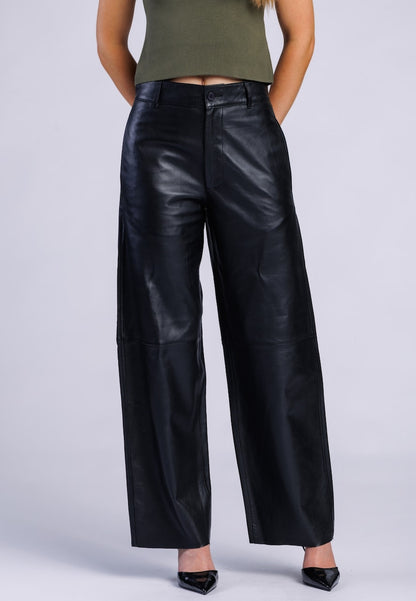 Women's Black Leather Wide-Leg Pants – Side-Pocket Style