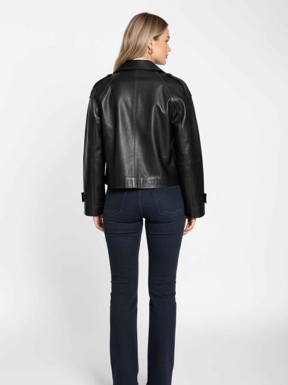 Women's Leather Cropped Peacoat – Black, Beige or Olive Double-Breasted