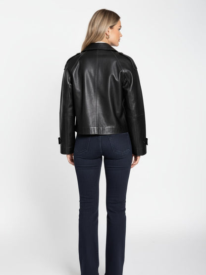 Women's Leather Cropped Peacoat – Black, Beige or Olive Double-Breasted
