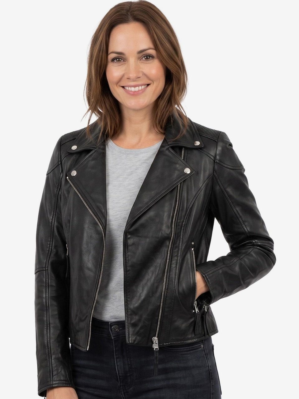 Women's Lamb Leather Biker Jacket – Black Asymmetric Moto