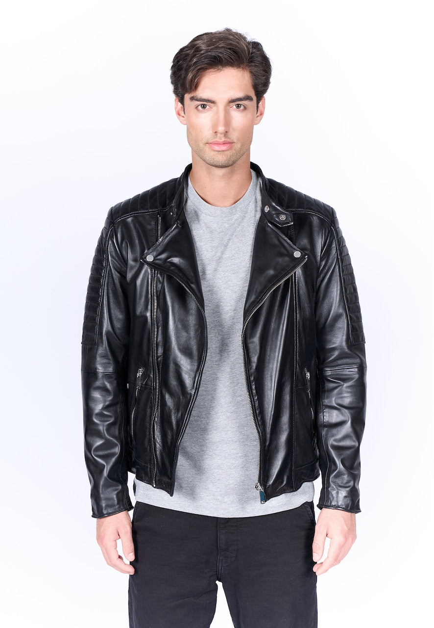 Men's Asymmetric Leather Biker Jacket – Black Quilted Perfecto