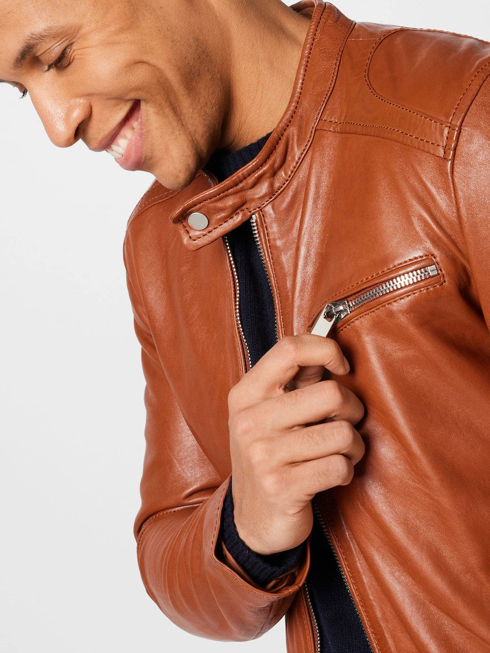Men's Leather Cafe Racer Jacket – Black or Cognac Minimal Biker