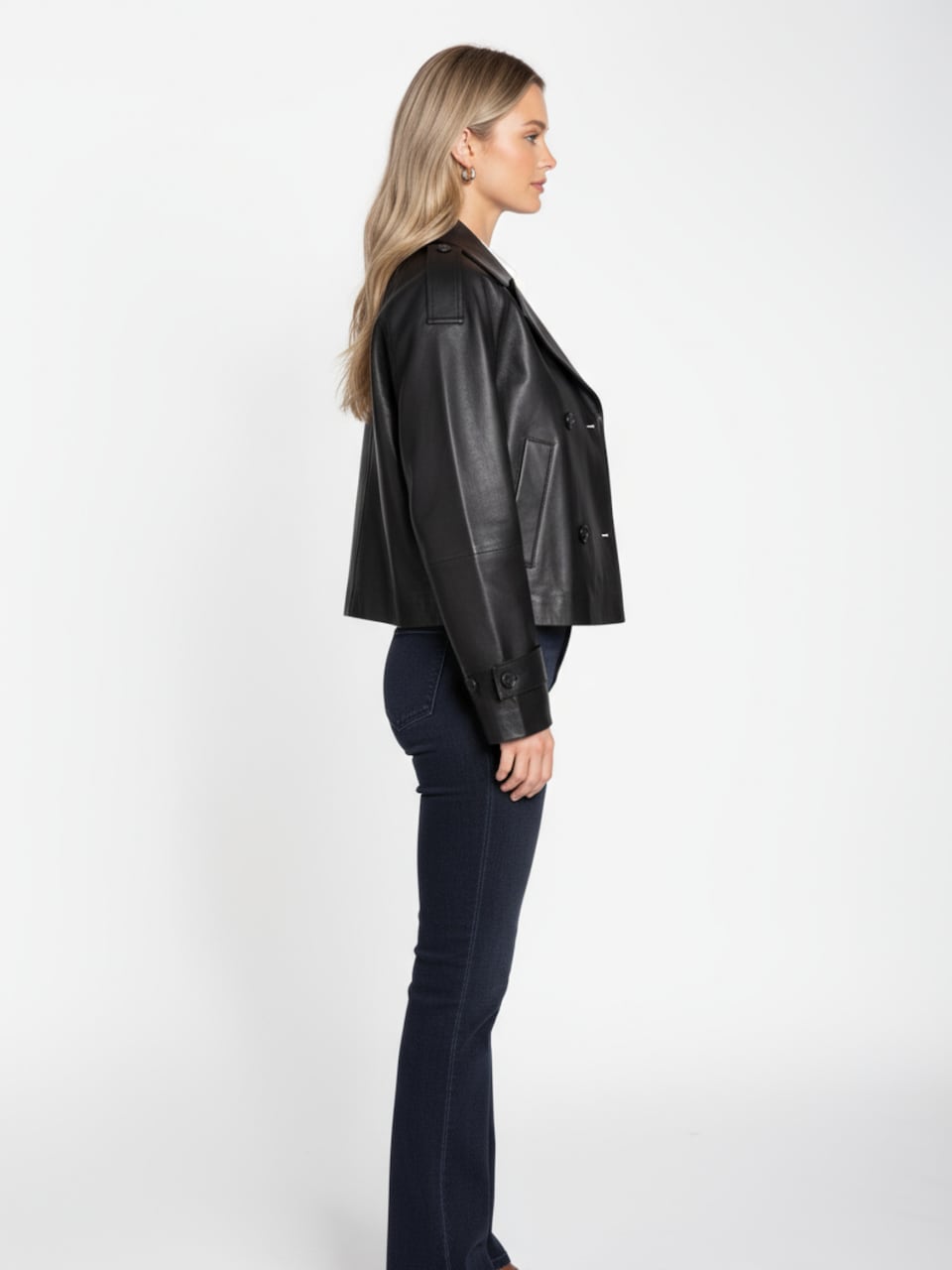 Women's Leather Cropped Peacoat – Black, Beige or Olive Double-Breasted