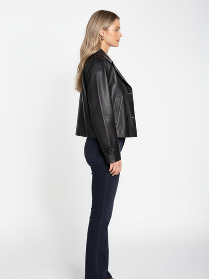 Women's Leather Cropped Peacoat – Black, Beige or Olive Double-Breasted
