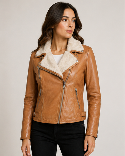 Women’s Shearling-Collar Leather Biker Jacket