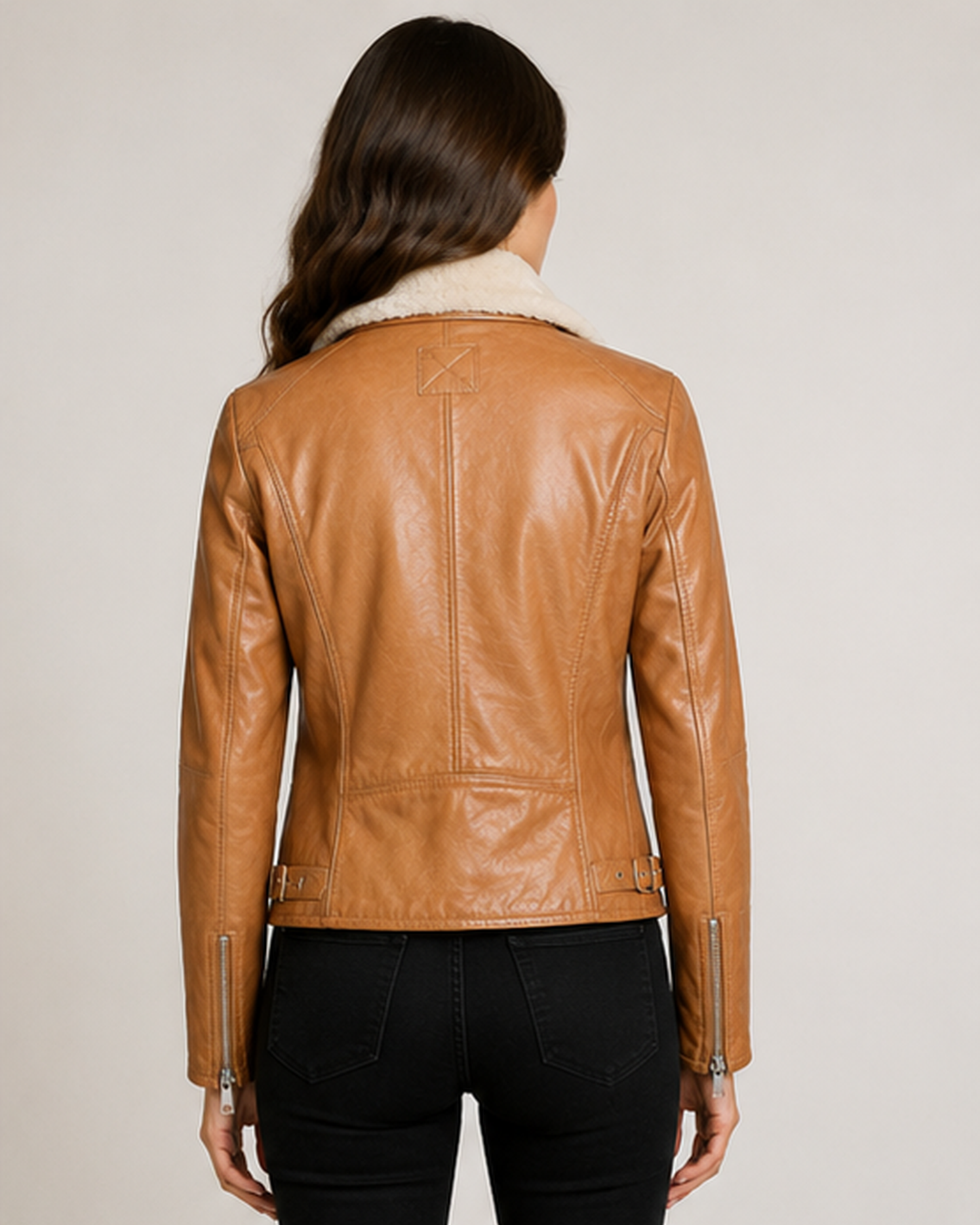 Women’s Shearling-Collar Leather Biker Jacket