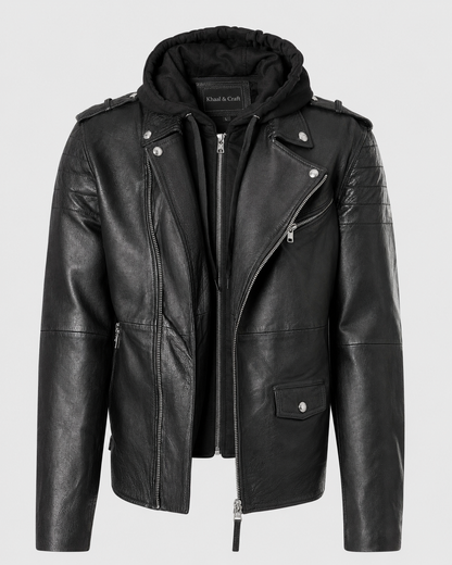 Men’s Hooded Vintage Leather Moto Jacket