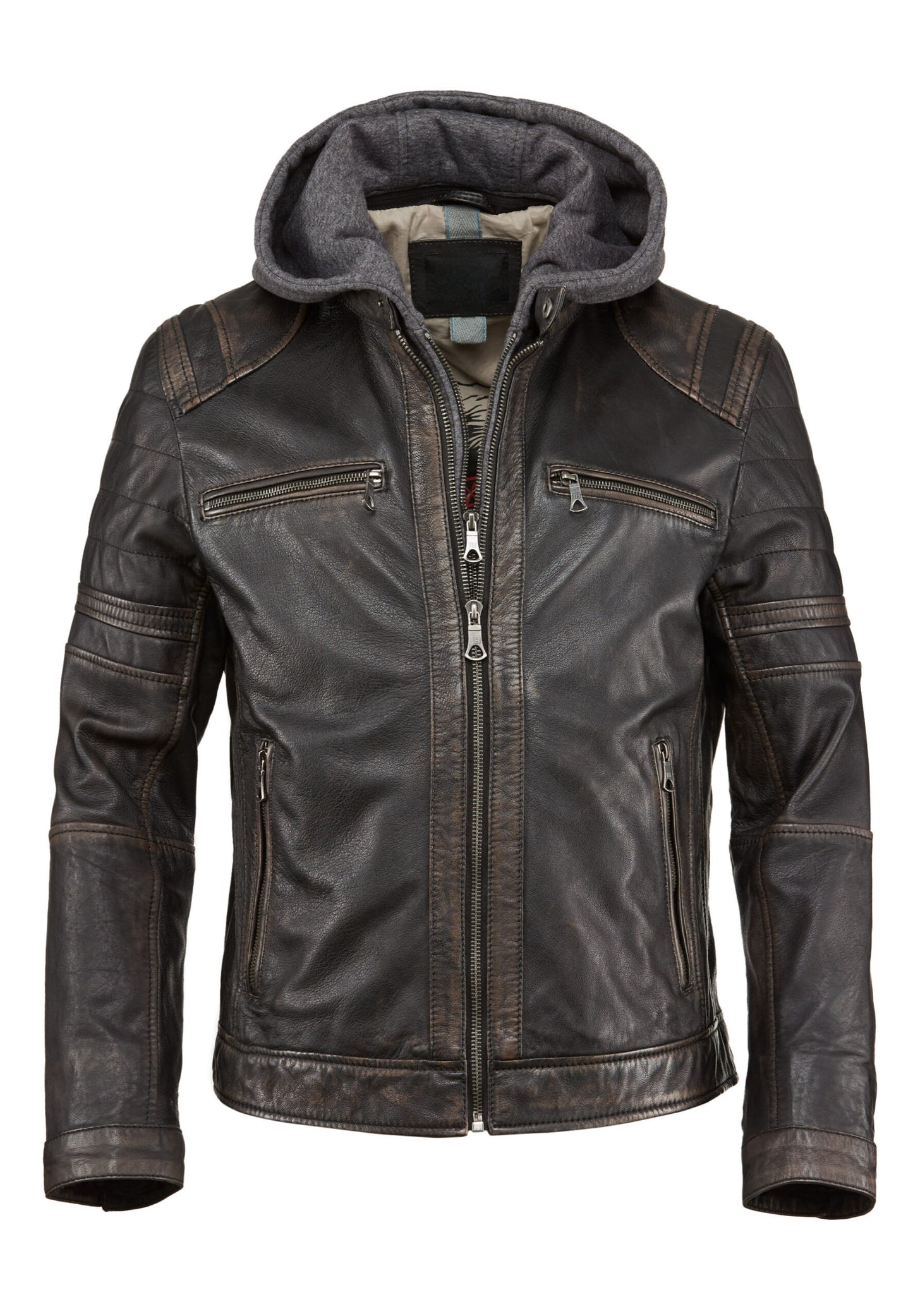 Men’s Hooded Distressed Black Leather Biker Jacket