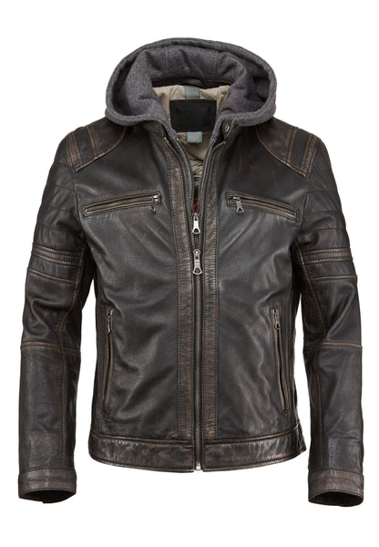 Men’s Hooded Distressed Black Leather Biker Jacket