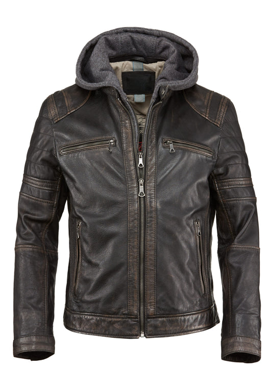 Men’s Hooded Distressed Black Leather Biker Jacket