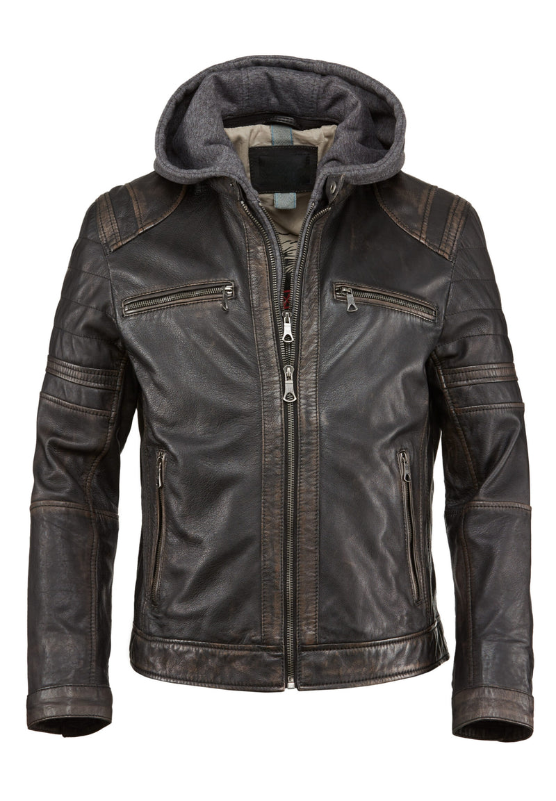 Men's Hooded Distressed Leather Biker Jacket – Real Sheep Leather with Hood