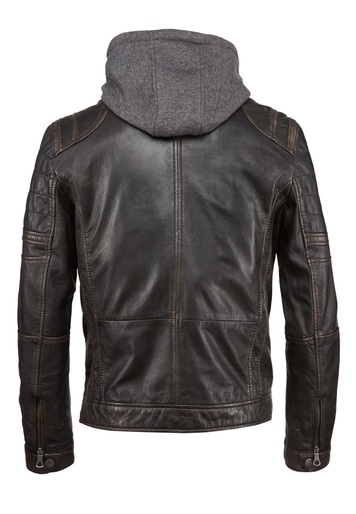 Men’s Hooded Distressed Black Leather Biker Jacket