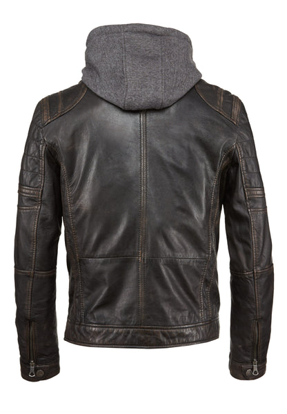 Men’s Hooded Distressed Black Leather Biker Jacket