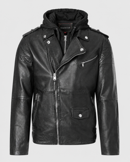 Men’s Hooded Vintage Leather Moto Jacket