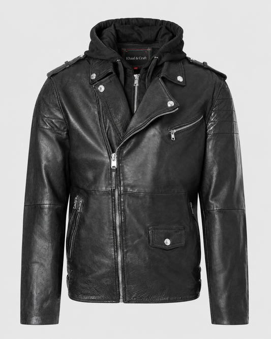 Men’s Hooded Vintage Leather Moto Jacket