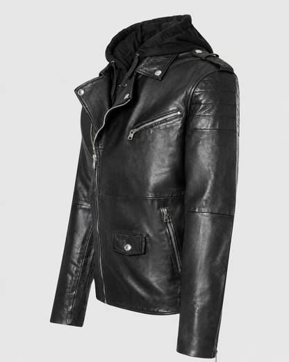 Men’s Hooded Vintage Leather Moto Jacket