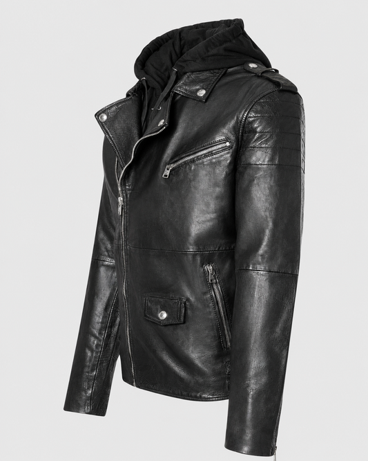 Men’s Hooded Vintage Leather Moto Jacket